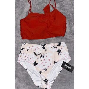 Avanova Bikini Set Swimsuit Womens Medium Burnt Orange Beige Floral High Waisted